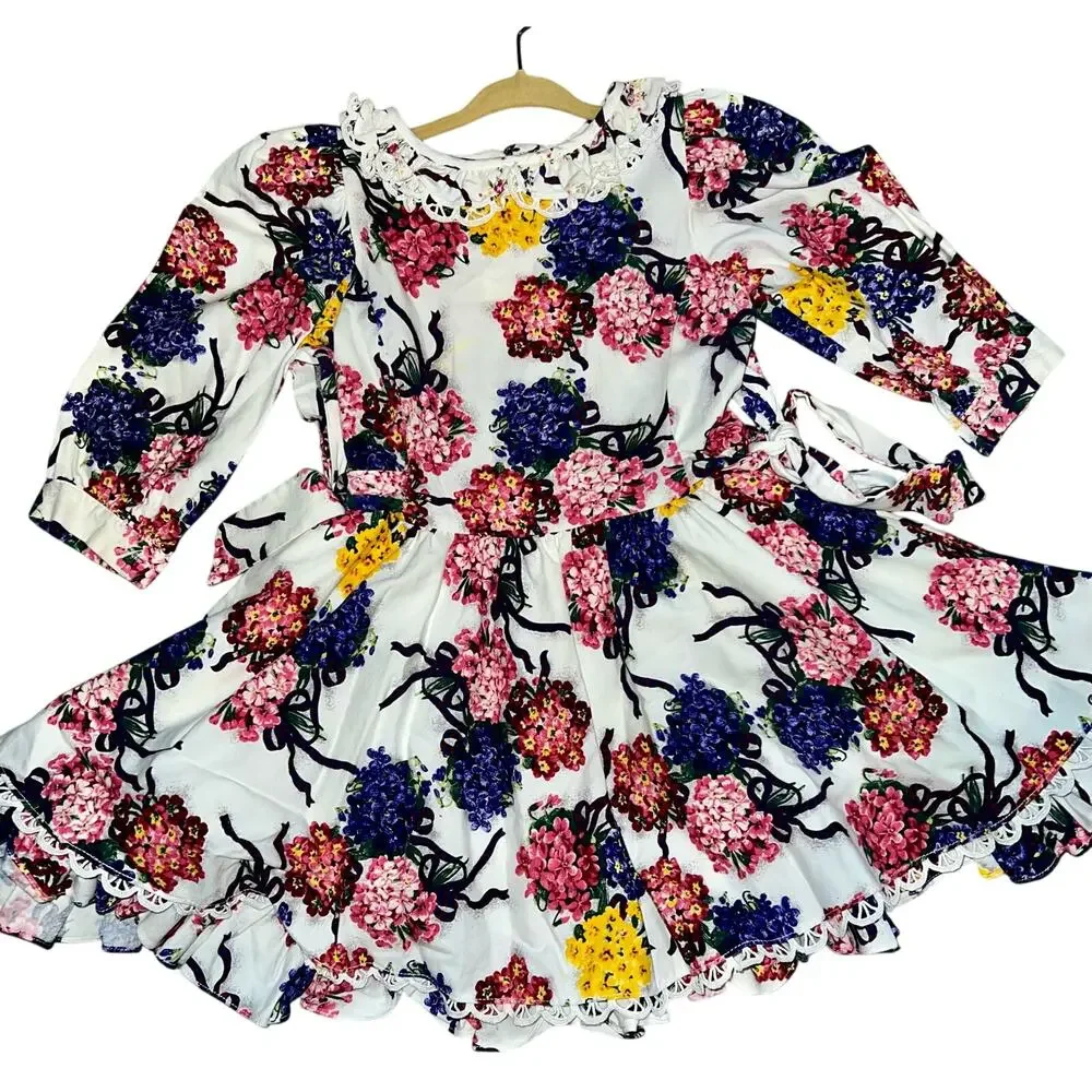 Vintage Mousefeathers girls floral ruffled lace collared prairie dress girls 4T